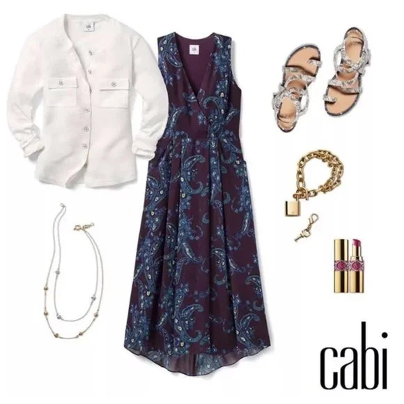 CAbi Paisley Treasure Floral/Paisley Style 3461 V-Neck Midi Dress w/Pockets SZ 4 - Picture 11 of 13